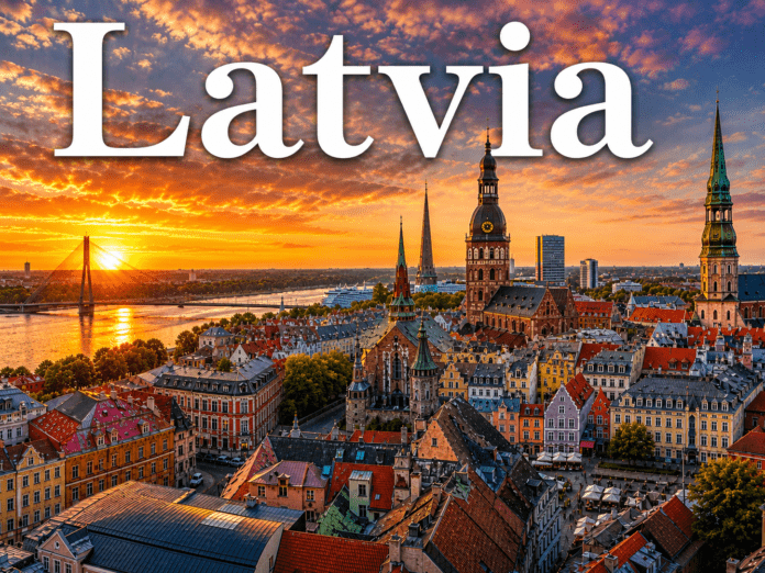 Latvia Riga Old Town sunset colorful buildings church spires Daugava River skyline view