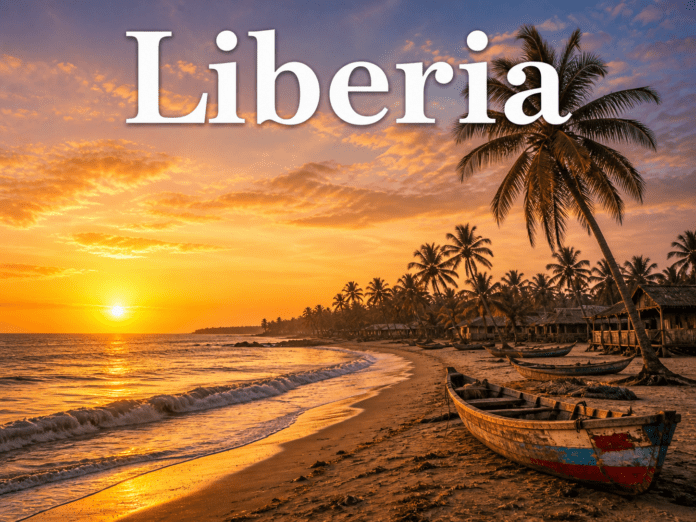 Liberia tropical beach sunset palm trees Atlantic Ocean fishing boats coastline view