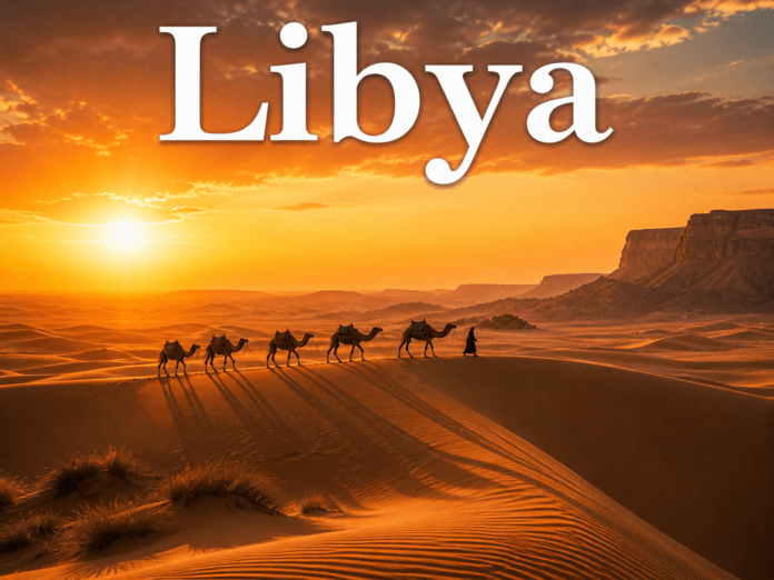 Libya Sahara desert dunes camel caravan sunset golden sky landscape view