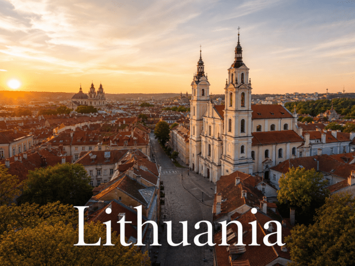 Lithuania Vilnius Old Town sunset baroque churches red rooftops cobblestone streets skyline view