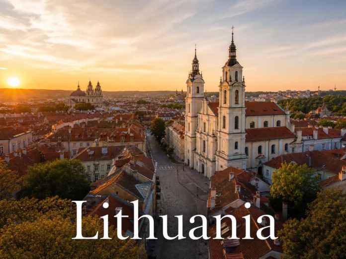 Lithuania Vilnius Old Town sunset baroque churches red rooftops cobblestone streets skyline view