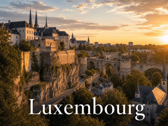 Luxembourg City cliffs fortifications stone bridges valley sunset scenic view