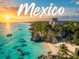 Mexico Caribbean beach Mayan ruins sunset turquoise water tropical coastline view