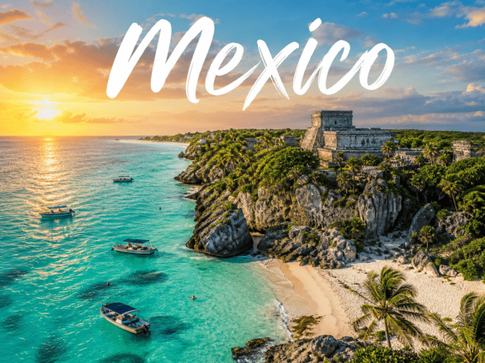 Mexico Caribbean beach Mayan ruins sunset turquoise water tropical coastline view