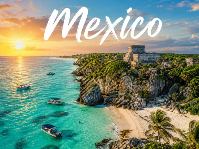 Mexico Caribbean beach Mayan ruins sunset turquoise water tropical coastline view