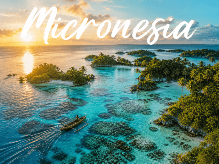 Micronesia Pacific island lagoon coral reefs canoe sunrise tropical ocean view
