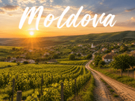 Moldova vineyards rolling hills sunset rural village wine country landscape view