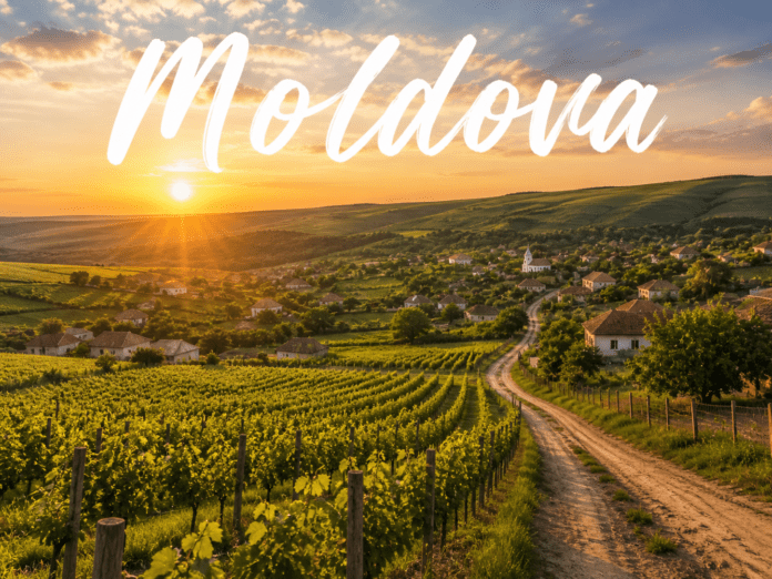 Moldova vineyards rolling hills sunset rural village wine country landscape view