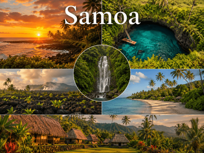 Samoa ocean trench, volcanic lava fields, rainforest, and tropical beaches