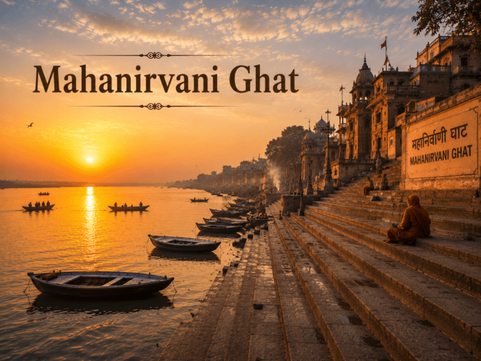 सुबह के समय Mahanirvani Ghat और गंगा का शांत दृश्य