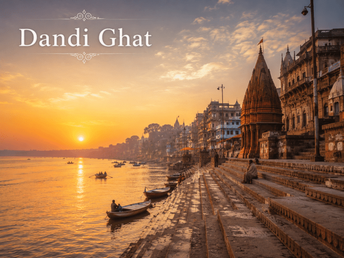 सुबह के समय Dandi Ghat और गंगा का शांत दृश्य