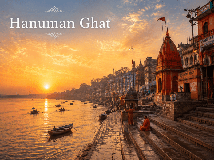 सुबह के समय Hanuman Ghat और गंगा का दृश्य