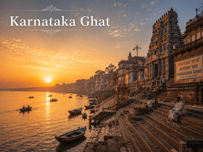सुबह के समय Karnataka Ghat और गंगा का दृश्य