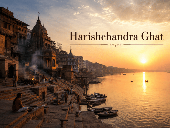 सुबह के समय Harishchandra Ghat और गंगा का दृश्य