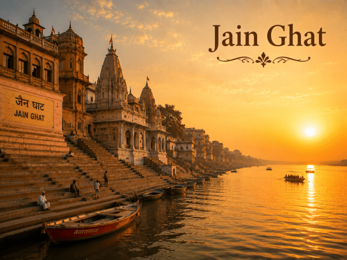 सुबह के समय Jain Ghat और गंगा का शांत दृश्य