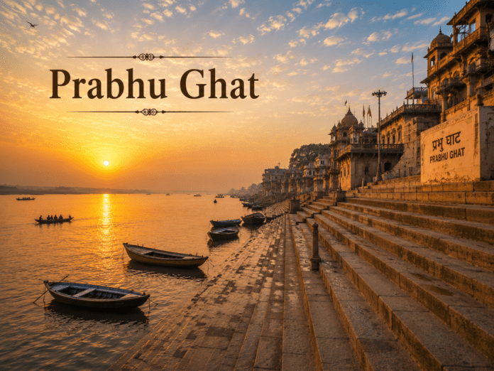 सुबह के समय Prabhu Ghat और गंगा का शांत दृश्य