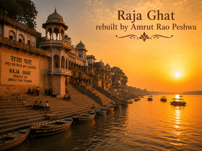 सुबह के समय Raja Ghat और गंगा का दृश्य