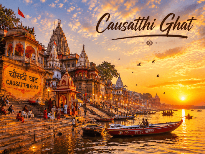 सुबह के समय Causatthi Ghat और गंगा का दृश्य
