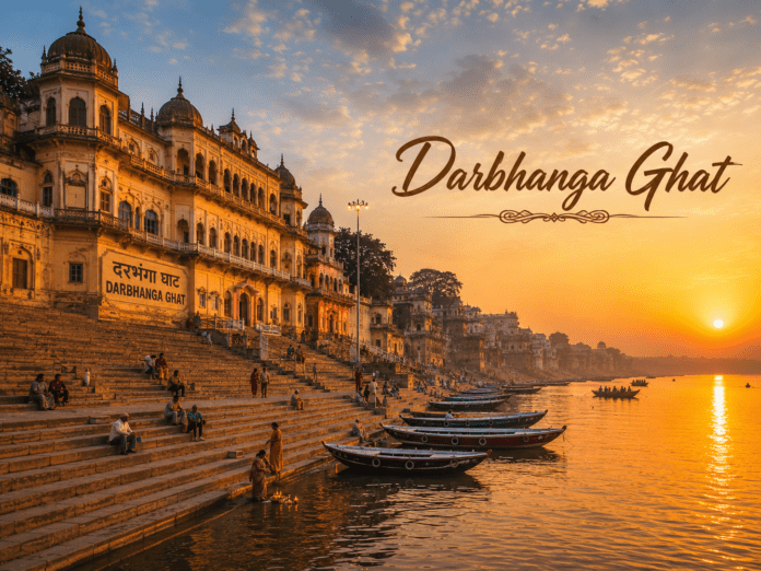 सुबह के समय Darbhanga Ghat और शाही महल का दृश्य