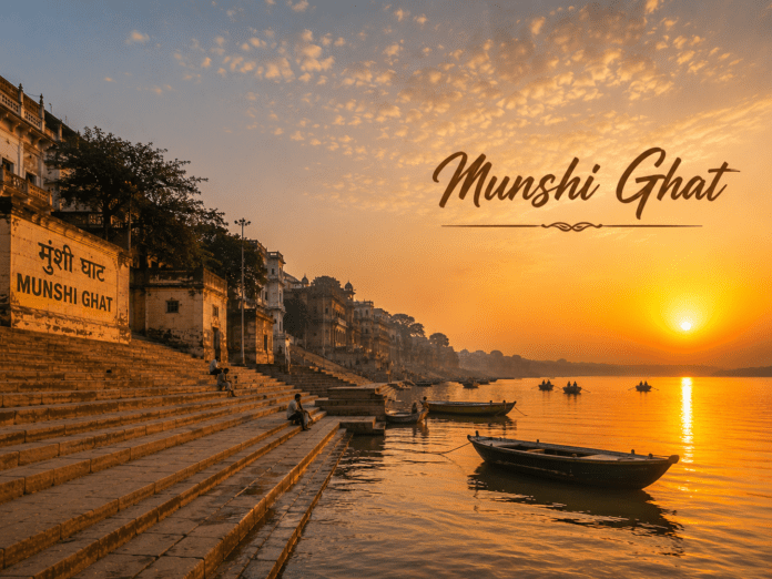 सुबह के समय Munshi Ghat और गंगा का शांत दृश्य