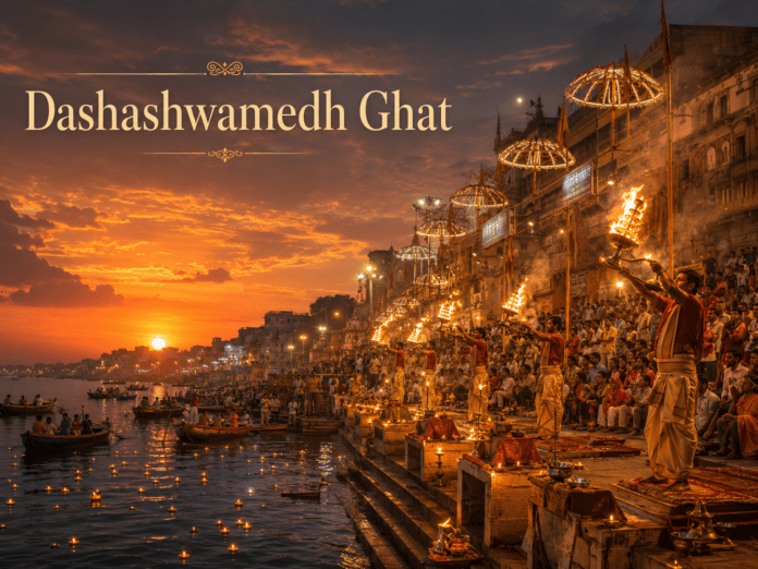 शाम के समय Dashashwamedh Ghat और Ganga Aarti का दृश्य