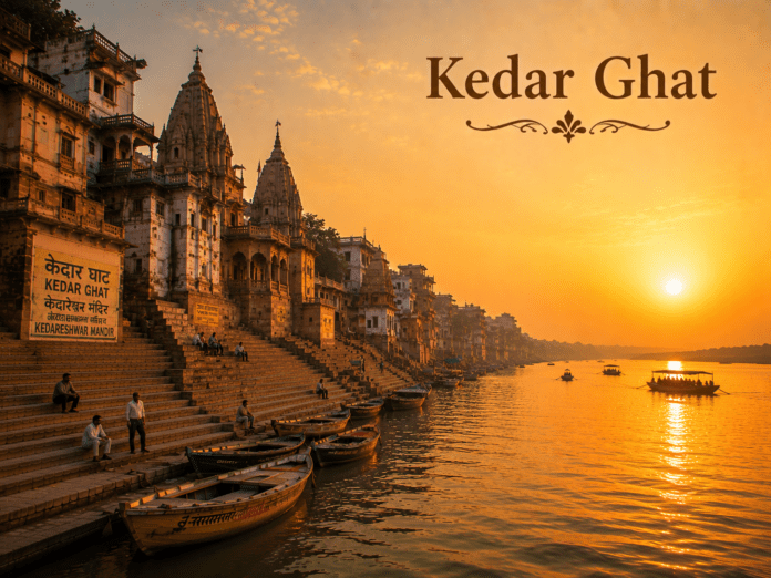 सुबह के समय Kedar Ghat और गंगा का दृश्य