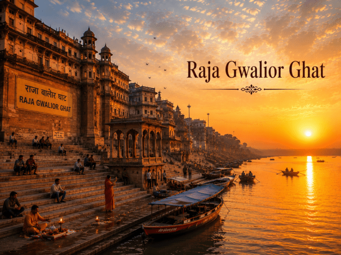 सुबह के समय Raja Gwalior Ghat और गंगा नदी का दृश्य