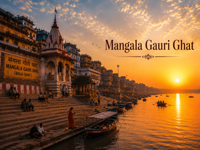 सुबह के समय Mangala Gauri Ghat और मंदिर परिसर का दृश्य