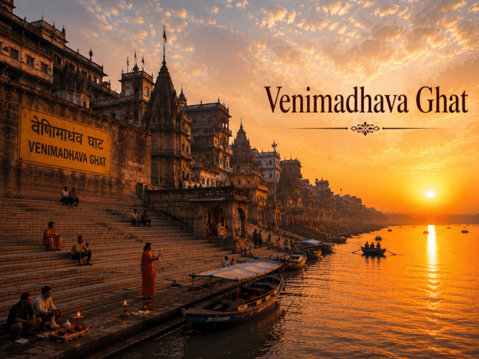 सुबह के समय Venimadhava Ghat और गंगा नदी का दृश्य