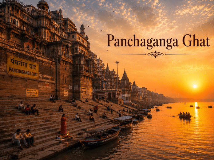 सुबह के समय पंचगंगा घाट और गंगा नदी का दृश्य