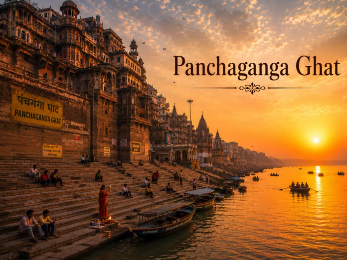 सुबह के समय पंचगंगा घाट और गंगा नदी का दृश्य