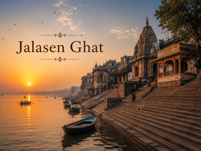 सुबह के समय Jalasen Ghat और गंगा का दृश्य