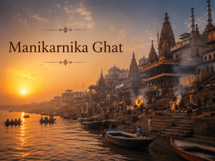 सुबह के समय Manikarnika Ghat का नदी किनारे दृश्य