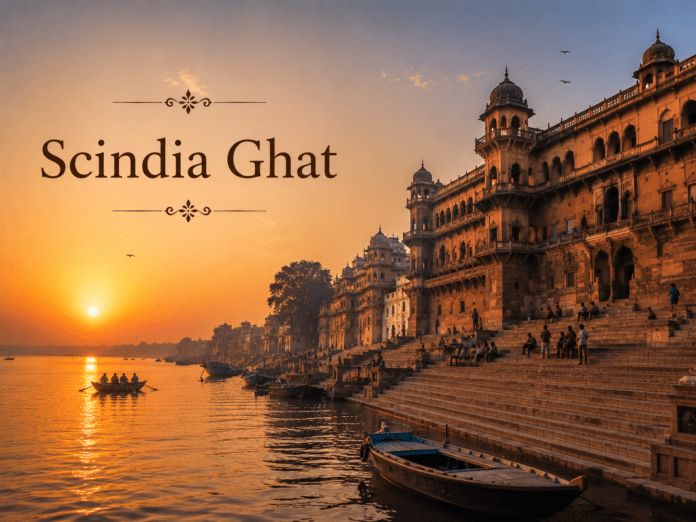 सुबह के समय Bajirao Ghat और गंगा का दृश्य