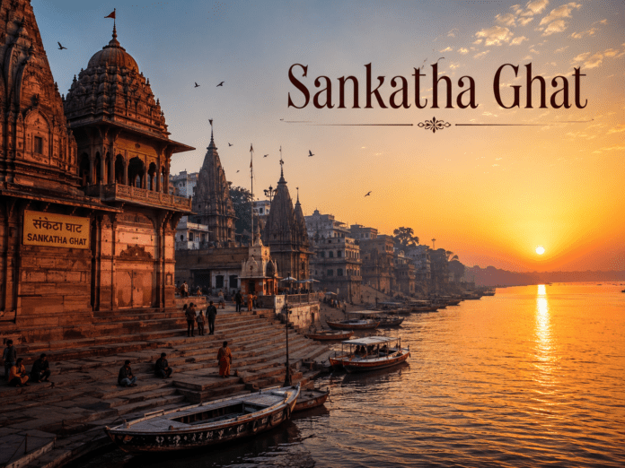 सुबह के समय Sankatha Ghat और मंदिर का दृश्य