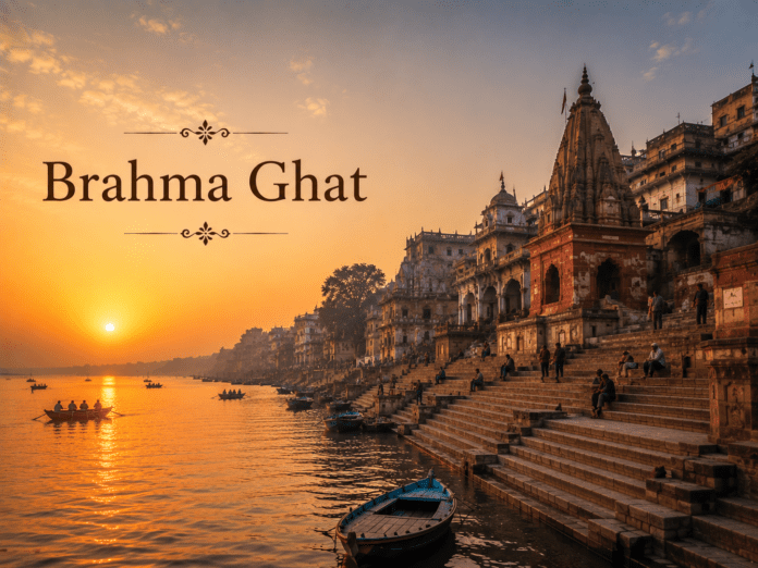 सुबह के समय Brahma Ghat और गंगा नदी का दृश्य