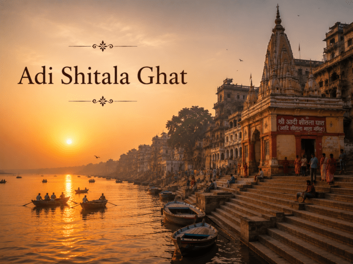 सुबह के समय Adi Shitala Ghat और गंगा नदी का दृश्य