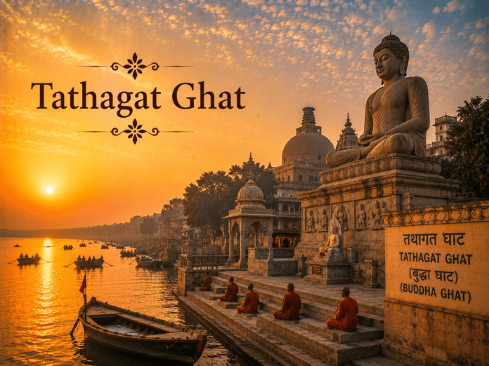 तथागत घाट पर गंगा किनारे स्थापित भगवान बुद्ध की प्रतिमा का शांत सूर्योदय दृश्य