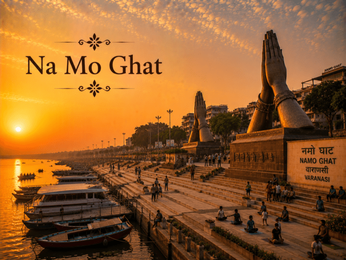 NaMo Ghat वाराणसी में विशाल नमस्ते मूर्तियों और गंगा नदी का सूर्योदय दृश्य