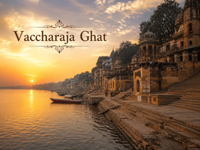 सुबह के समय Vaccharaja Ghat और गंगा का शांत दृश्य