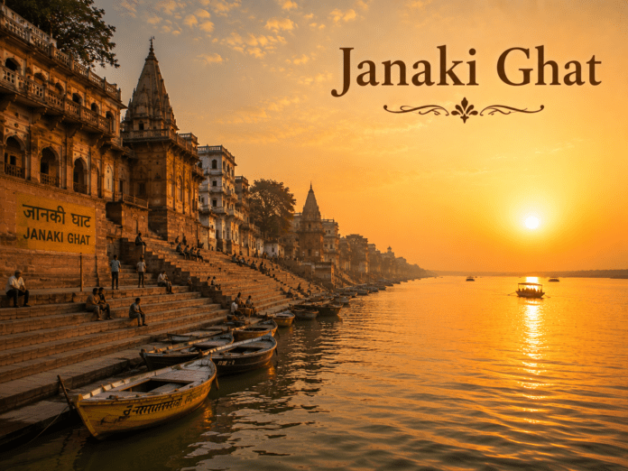 सुबह के समय Janaki Ghat और गंगा का शांत दृश्य