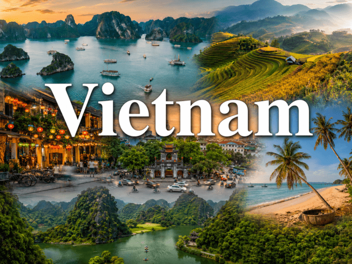 Ha Long Bay limestone islands, rice terraces, lantern-lit streets, and tropical landscapes in Vietnam